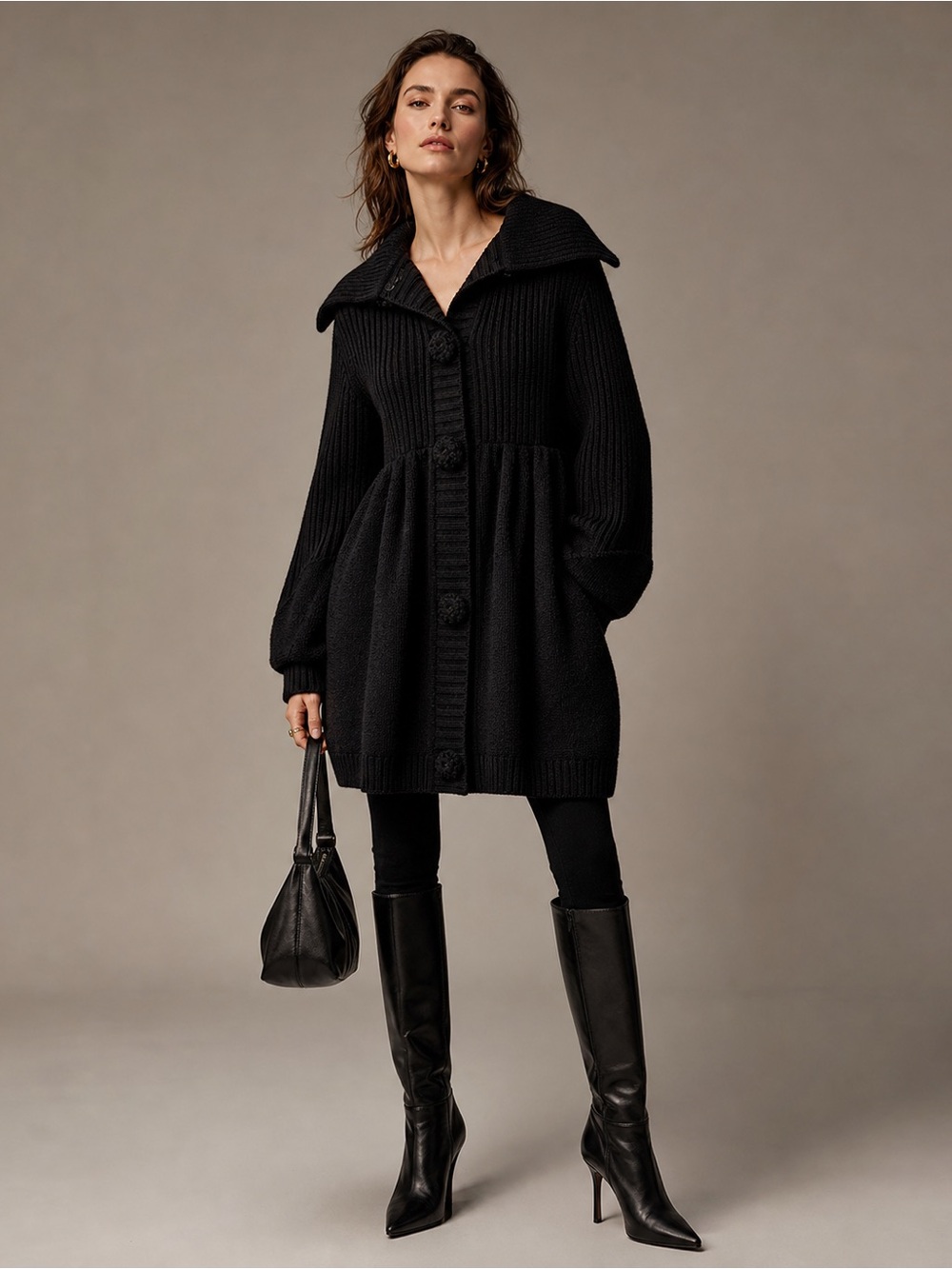 Luisa Spagnoli Luxury Black Sweater/Coat — Oversized Collar, Button Front